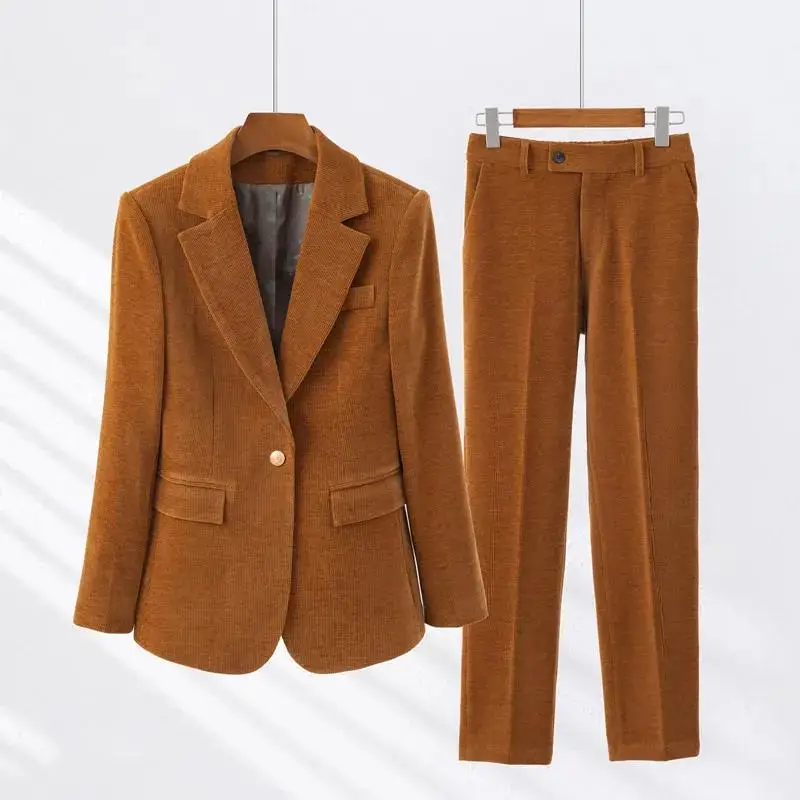 High Quality Fabric Corduroy Formal Women Business Suits OL Styles Professional Pantsuits Office Work Wear Autumn Winter Blazers