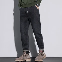 Autumn and Winter Men's Jeans Elastic Waist Full Length Mid -waist Drawstring Baggy Jeans Casual Male Streetwear Harem Pants