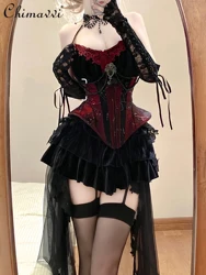 Dark Girls Skirt Sets New 2024 Autumn Gothic Style Sexy Lady Waist Neck Suspender Top Skirt Lolita Elegant Two-piece Set