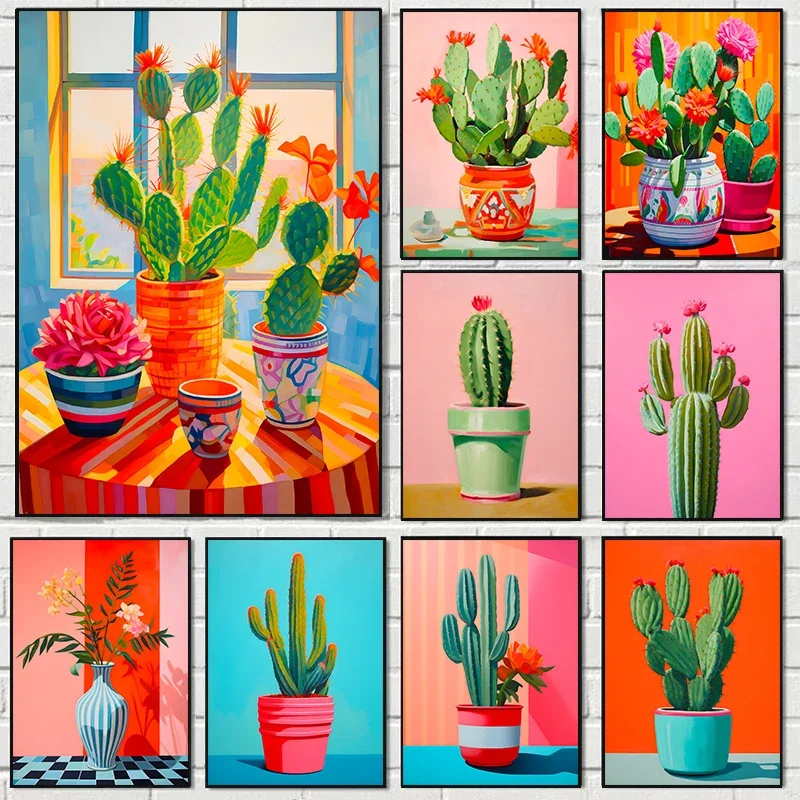 Pósteres y Cuadros de Cactus Vintage Modernos, Pintura en Lienzo, Arte de Pared, Florero Botánico, Cuadros Minimalistas para