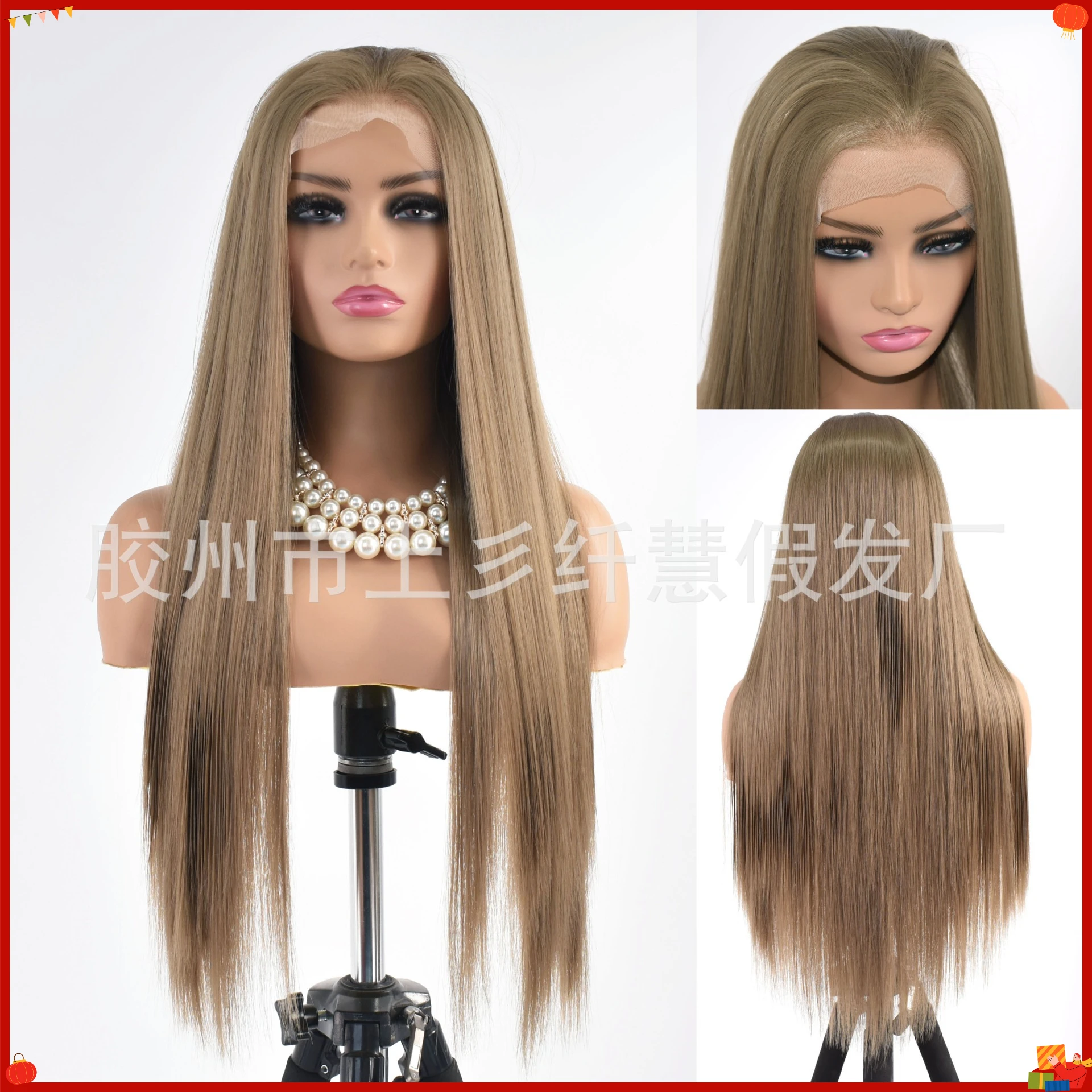 Synthetic Lace Front Straight Long Wig Hand-Tied Light Ash Brown Cosplay Costume Matte Fiber Heat Resistant Women's Party Hair