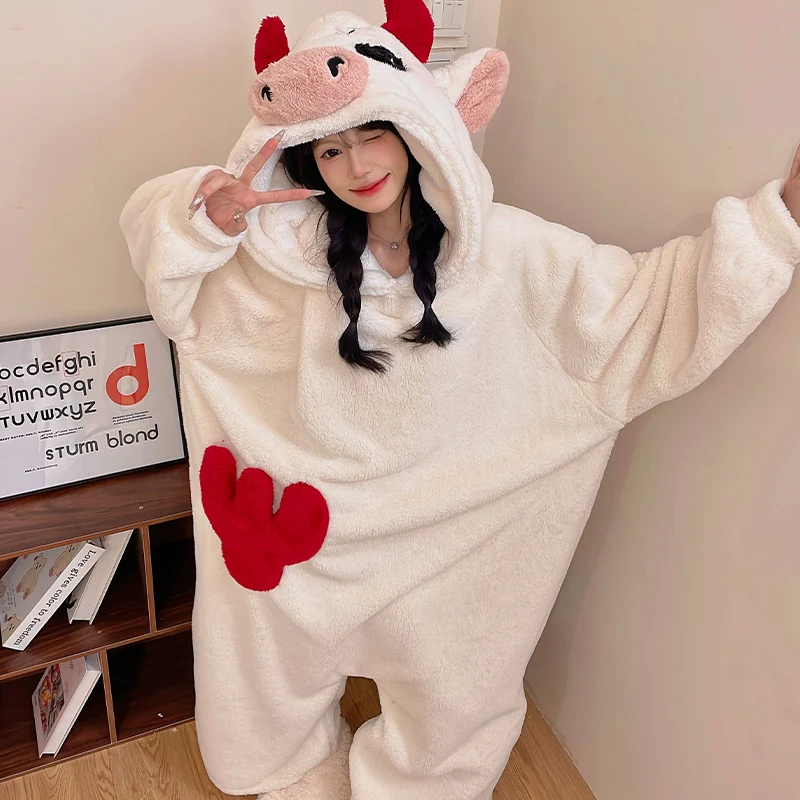 DAIMELU cute cow nightgown women's winter sleepwear coral fleece warm cute funny jumpsuit pajamas loungewear hooded girl cartoon