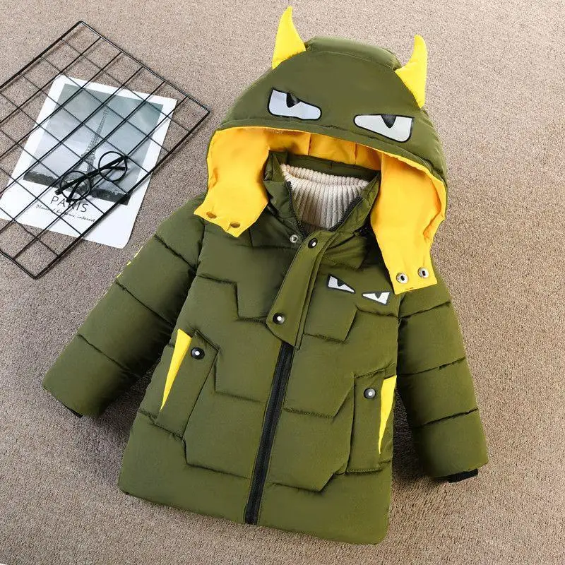 Cartoon Little Monster Boys Jacket Coat Overcoat Cotton 2024 Army Green Warm Thickened Winter Outwear Children\'s Clothing Cute