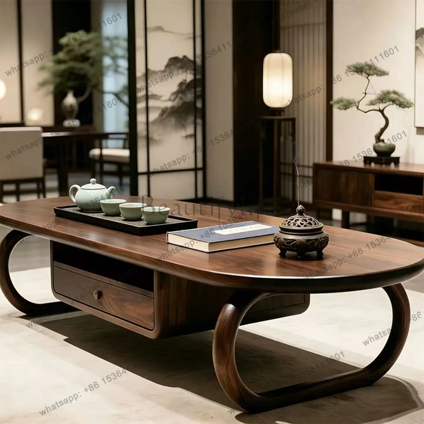 YJ New Chinese-style North American black walnut coffee table, living room balcony oval tea table solid wood