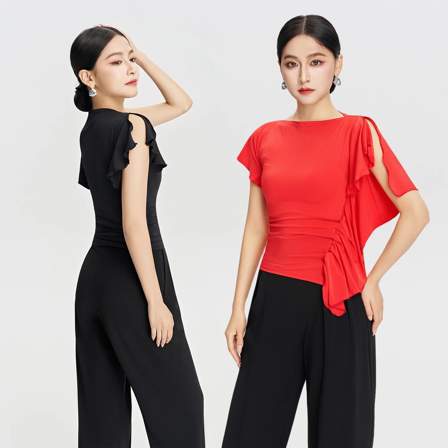 

2025 Modern Dance Top Women's Ruffled Waist Asymmetric Waltz Dance Practice Uniform Latin Dance Ballroom Dance Costumes DN22368