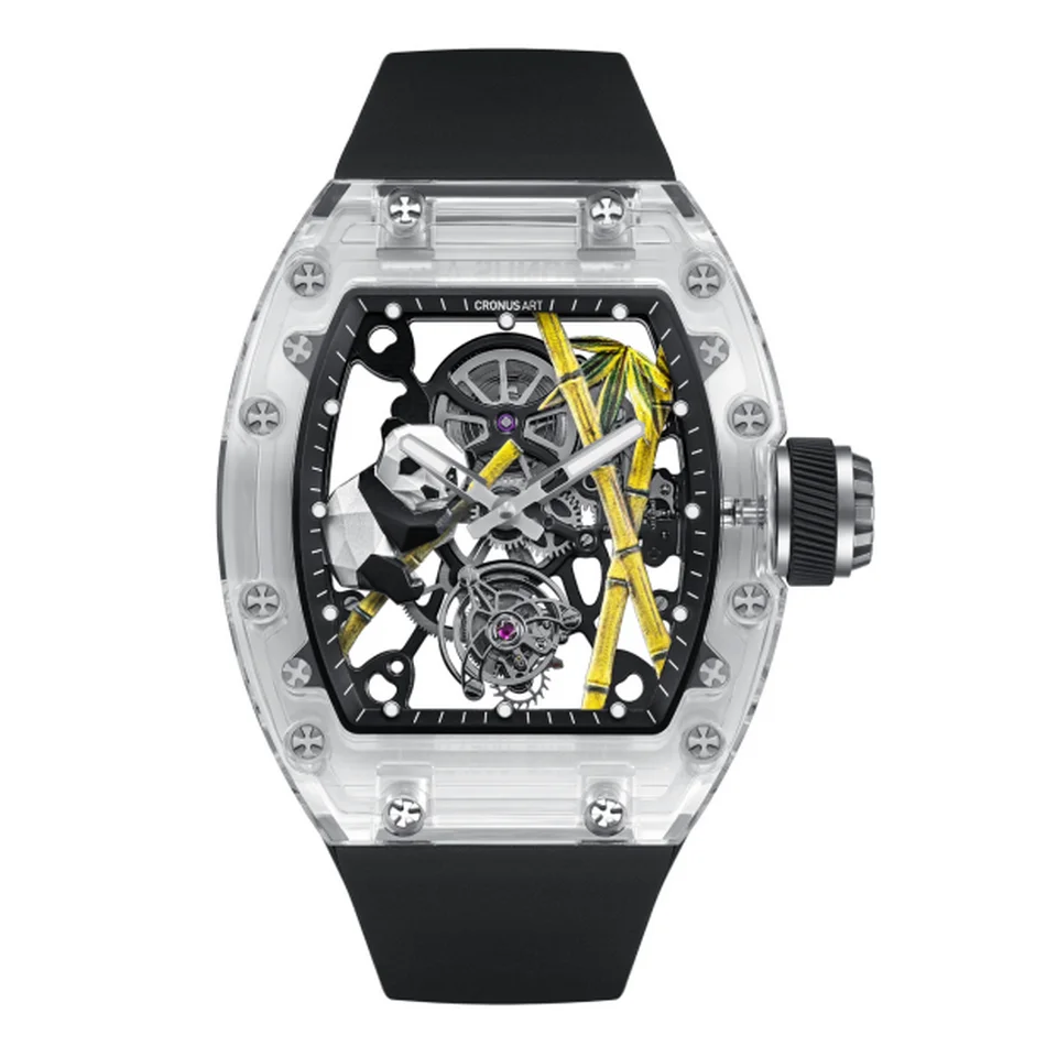 CRONUSART Men Tourbillon Watch 50mm*42mm Panda Dial Tonneau Mechanical Wristwatch Sapphire Case Luminous Fluororubber Strap