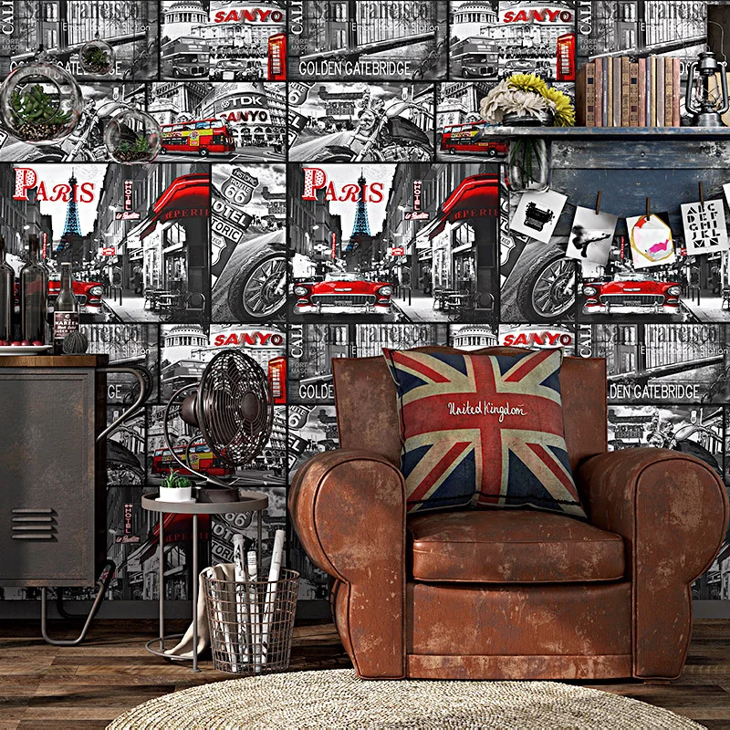 

American nostalgic wallpaper loft industrial style newspaper poster wallpaper personalized graffiti Internet bar background wall