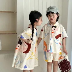 Loose Fit Summer Kids Clothes Set Girls Cute Graffiti Dress Boys Short Sleeved Shirt Children Thin Brother Sisters Outwear Suit