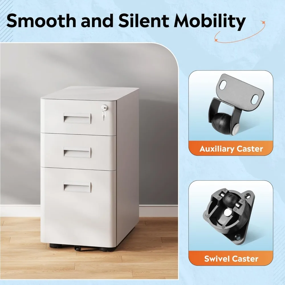 Armário de arquivo móvel com trava branca de 3 gavetas com rodas para escritório, totalmente montado, solução de armazenamento profunda de 17,7