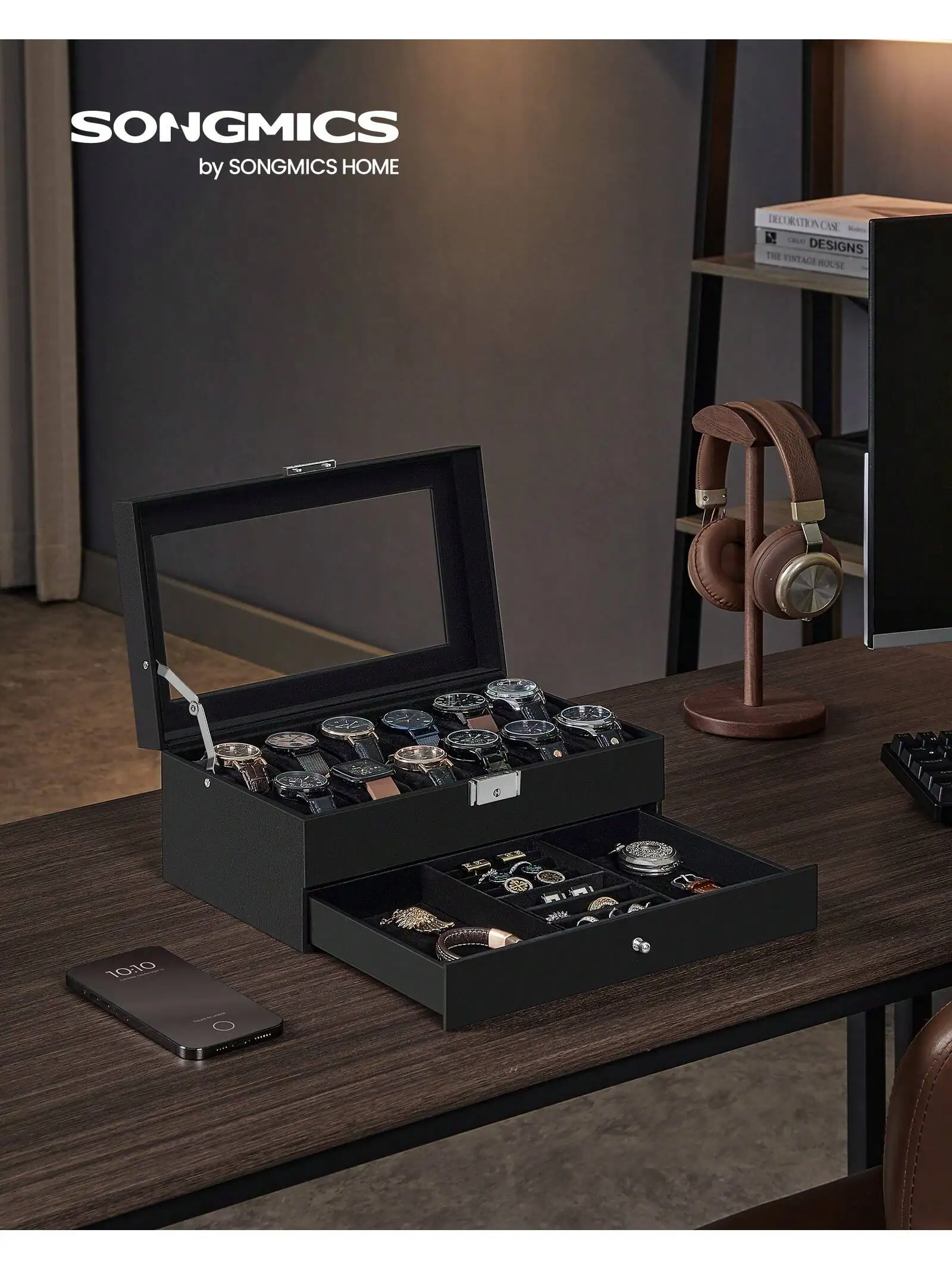 SONGMICS Scatola per orologi a 2 livelli, coperchio in vetro, 12 orologi, con serratura, 1 cassetto, anelli, bracciali, idea regalo