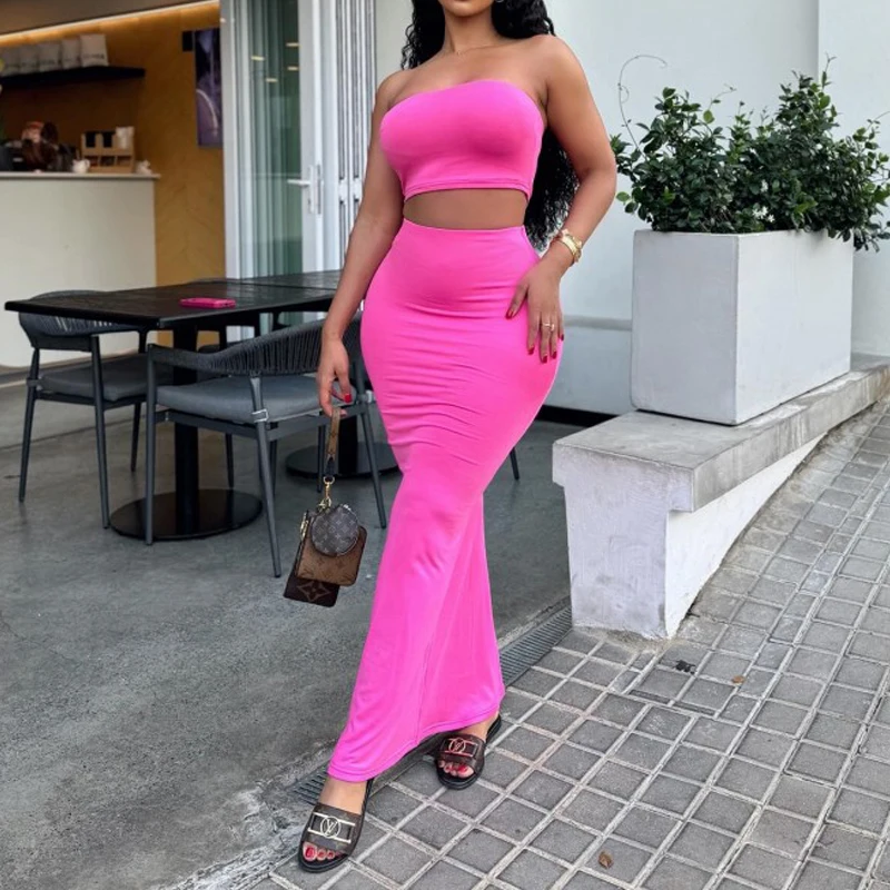 OMSJ Sexy 2024 Summer Solid Color Strapless Mini Tank Top And Tight Bandage Midi Skirt Stylish Women Two Pieces Matching Outfits