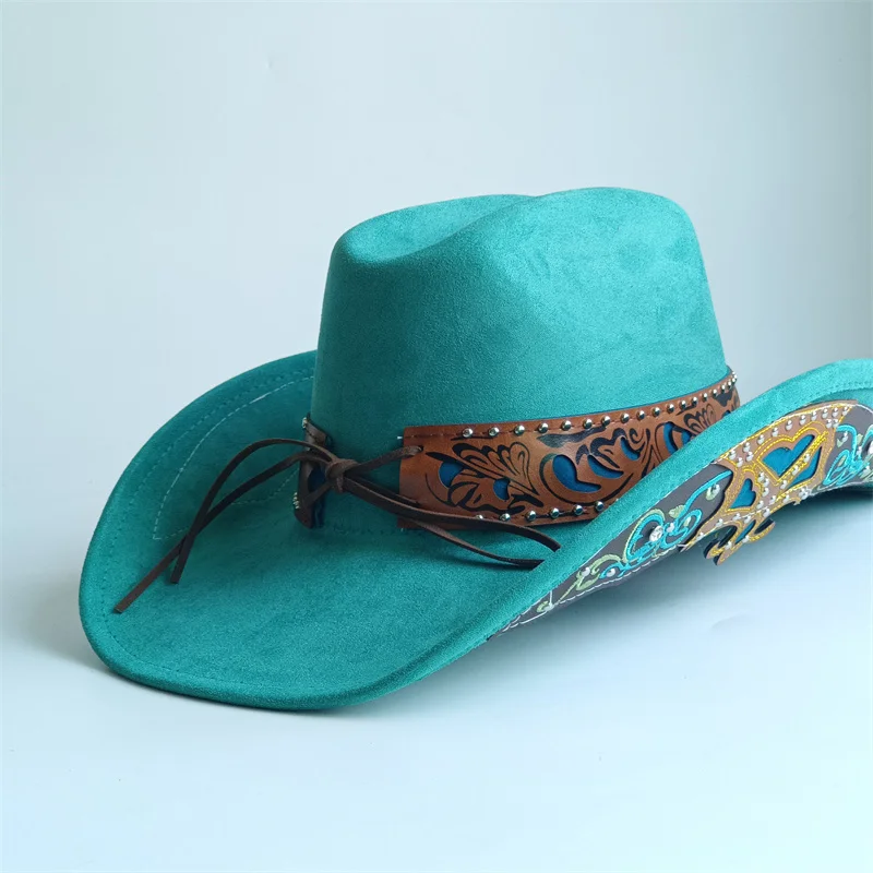 Turquoise Suede Hat Embroidery Cowboy Hat with Belt Wide Brim New Turquoise Accessories Embroidered Luxury Sombrero