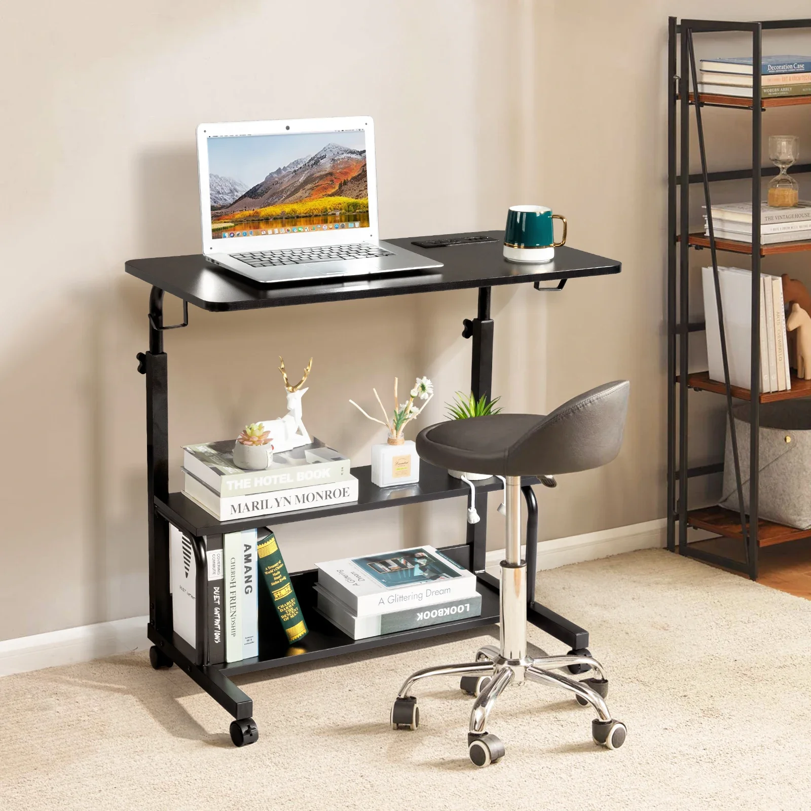 

Black Wood Grain Adjustable Computer Desk with 3 USB + 2 AC Outlets, desk for computer, Student and Office Essential,Study desk