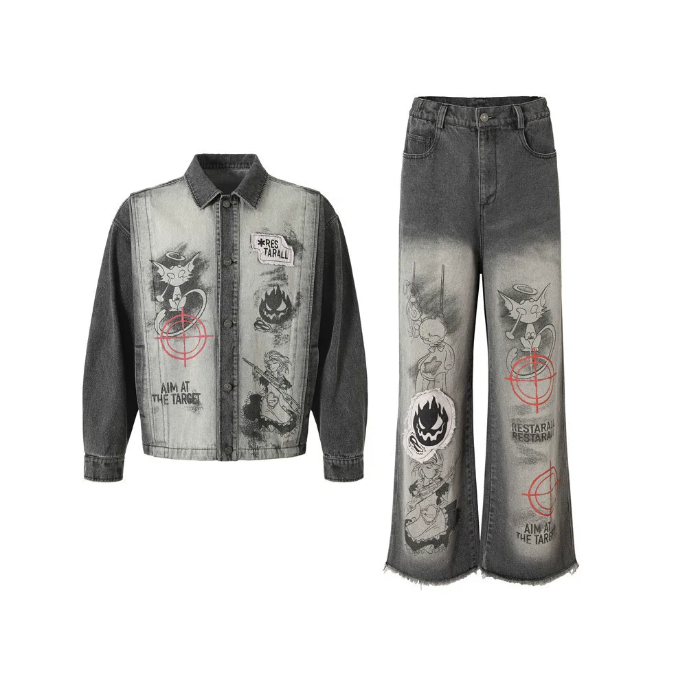 

Spring Autumn Men's Denim Suit - Antique-Washed and Lightened Jacket, Hand-Drawn Cartoon Animation Washed Edges, Flared Pants