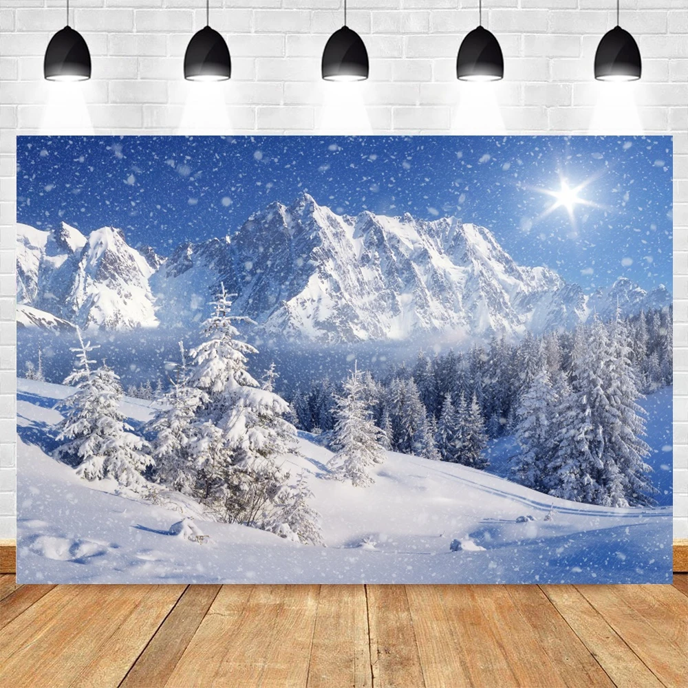 Winter Christmas Wonderland Photography Background Snow Town Mountain Scenery Birthday Party Aurora Photo Backdrops AD-08