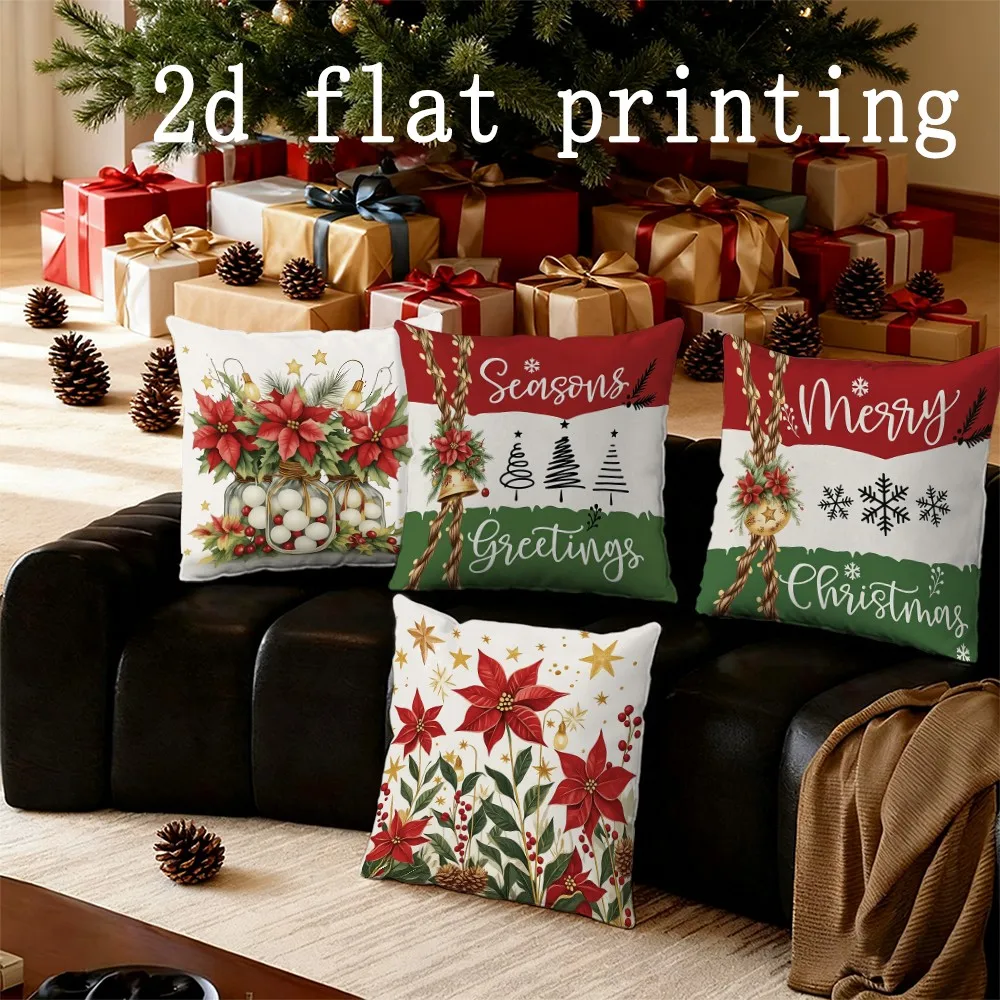 

Home Decor Merry Christmas Poinsettia Greeting Pillows Pattern Cushion Cover Suitable for Sofa Bedroom Car Pillow Cover