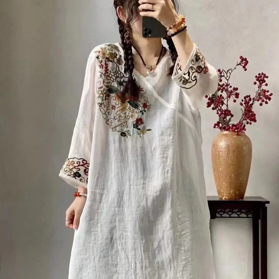 Embroidered Ethnic Style Cotton and Linen Dress Mid Length Summer New Style Artistic Retro Tops Nine Quarter Sleeve Skirt