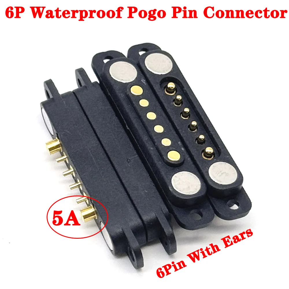 

1-3sets DC 36V 5A Waterproof Magnetic Pogo Pin Connector 6Pin With Ears Pogopin Male Female Spring Loaded DC Power Socket