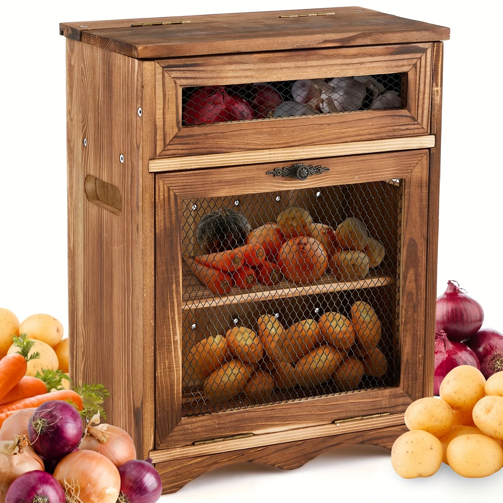 

Wooden Countertop Storage Cabinet Potato And Onion Bin Box Wooden Bread Storage Bins Potato Container with Lid for Kitchen