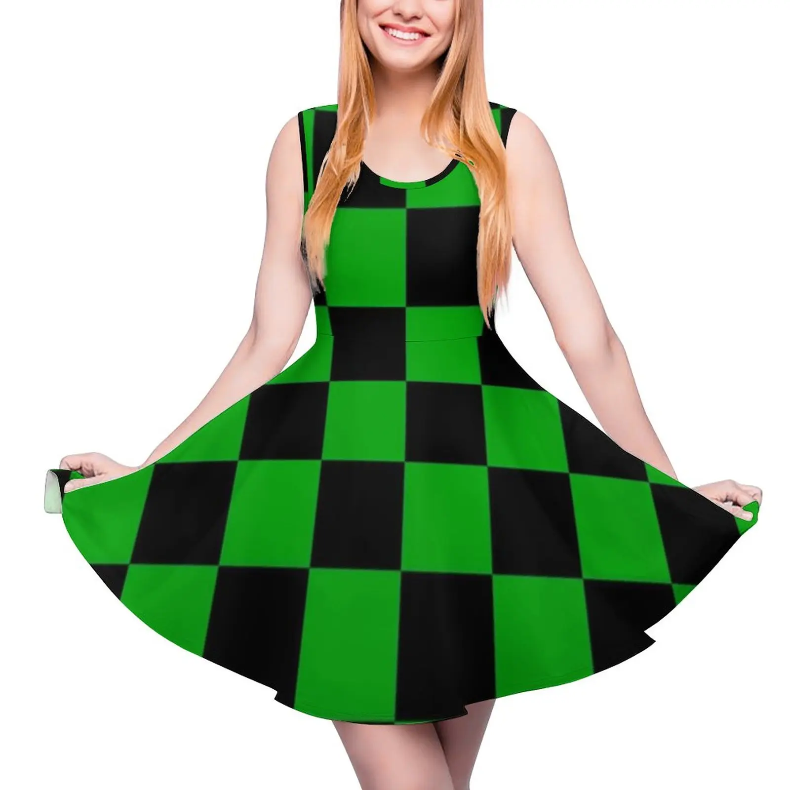 Black And Green Two Tone Dress Mod Checkers Pretty Dresses High Waist Street Fashion Skate Dress Summer Women Oversized Vestidos