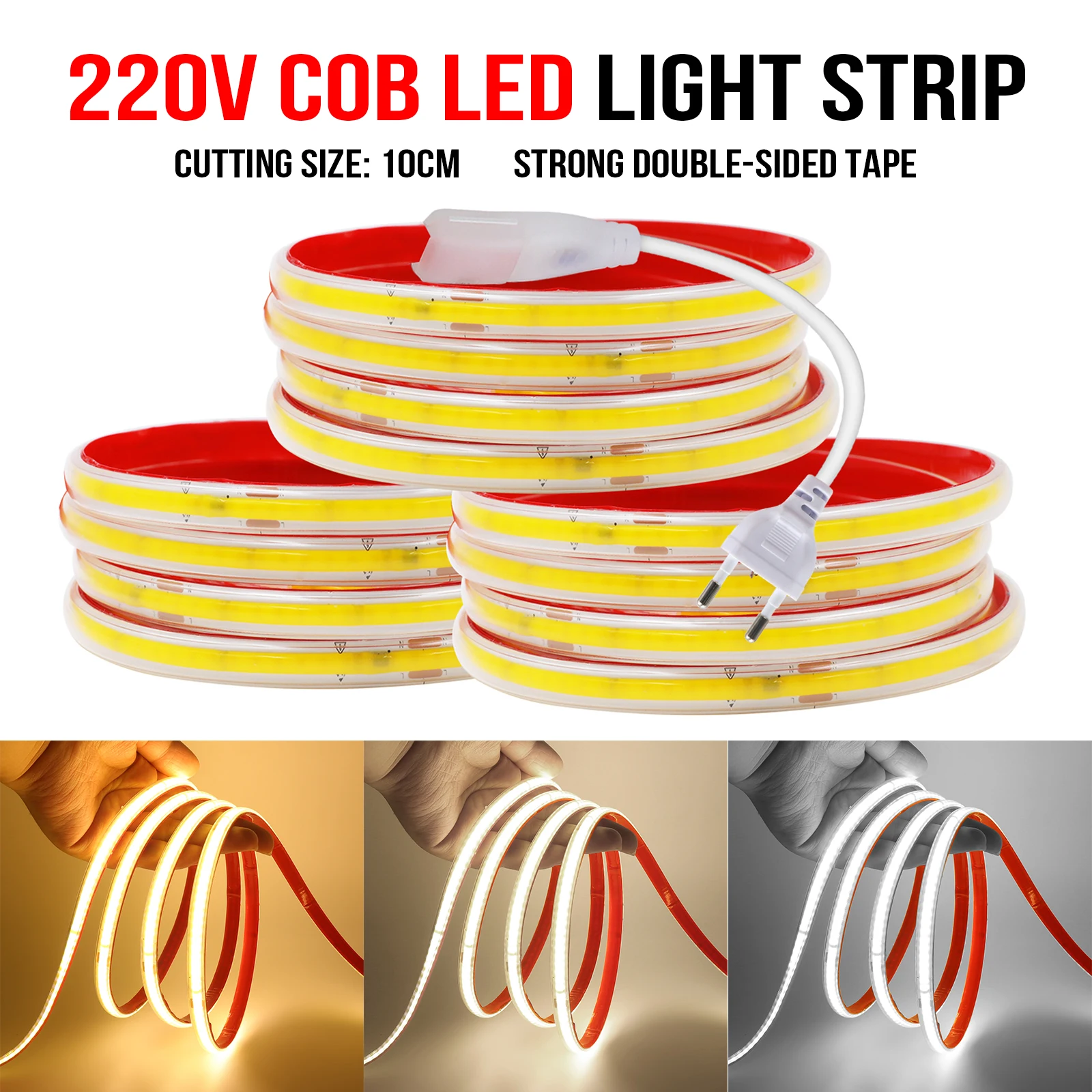 LED Strip COB 220V High Brightness 240LEDs/m COB LED Strip IP65 Waterproof Adhesive LED Tape Christmas Outdoor Garden Lights