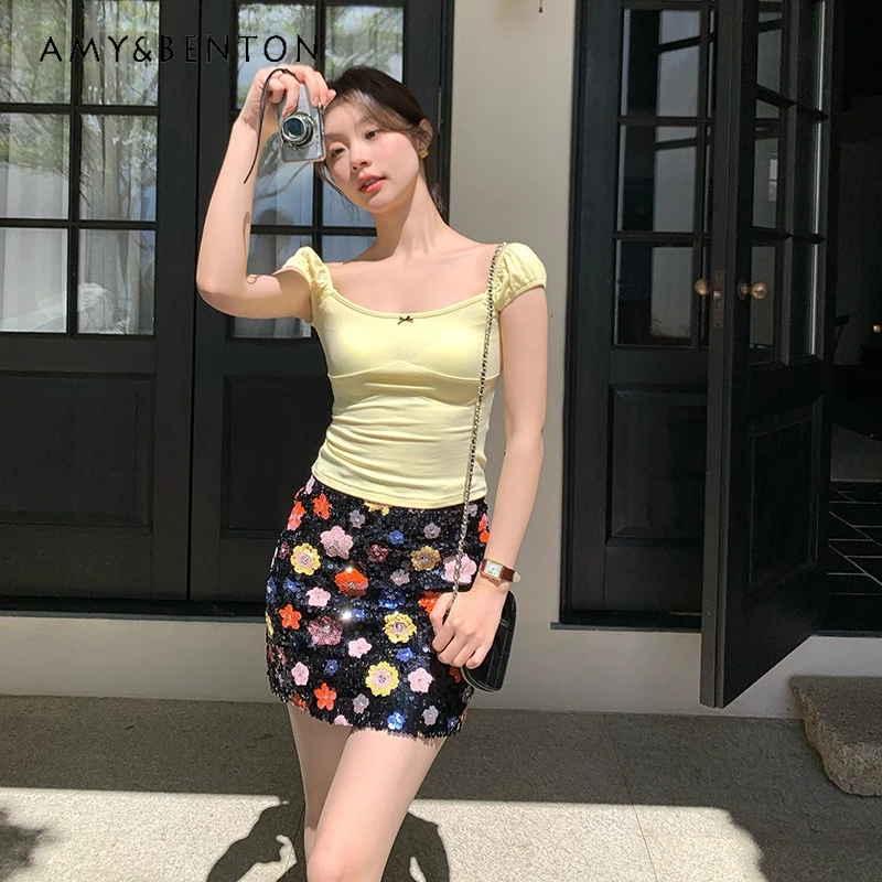 

2025 Summer New Sweet Cool Hot Girl Sequin Women's Short Skirt Retro Design High Waist Sexy Versatile Bodycon Half Skirts Ladies