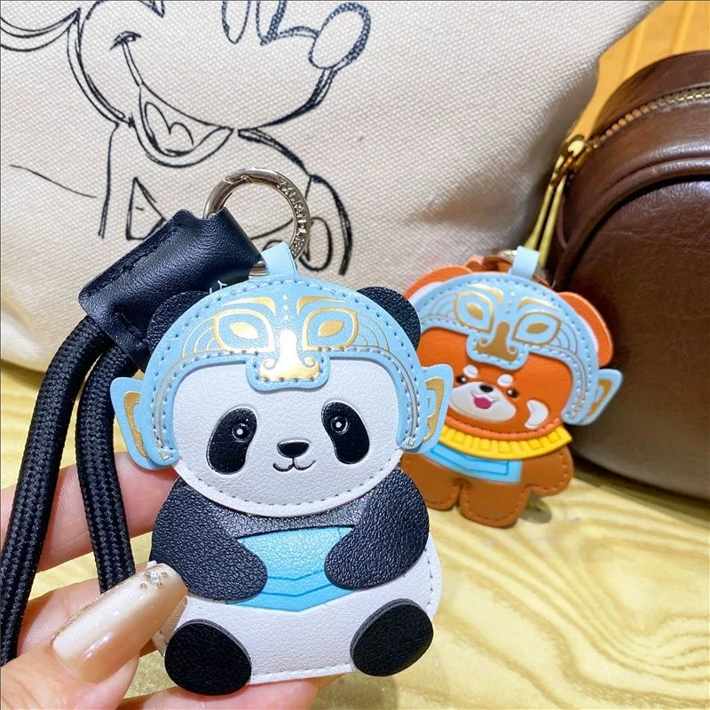 Creative Leather Sanxingdui Panda Bag Hanging Pendant, Trendy Chengdu Red Panda Keychain, Leather Bag Accessories, Small Gifts
