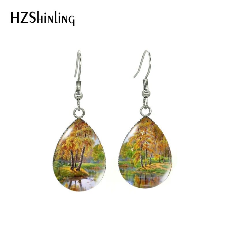 2021 New Arrival Fairy Village Pond Garden Valley Cabin Mountain Landscape Oil Paintings Handcraft Tear Drop Dangle Earrings
