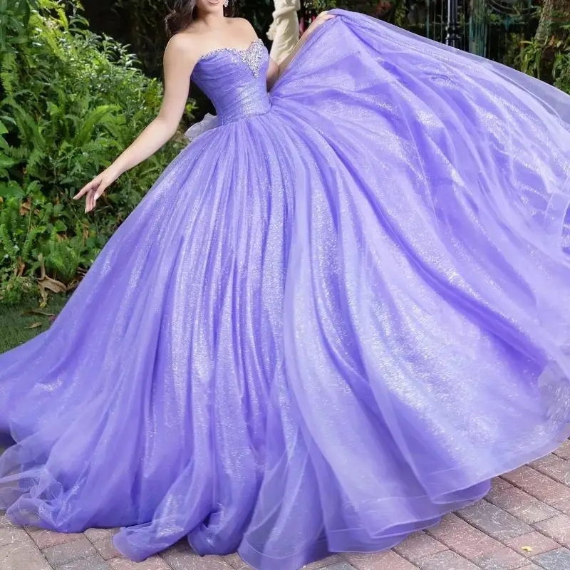 

Customized Lavender Ball Gown Quinceanera Dresses Off the Shoulder Crystal Tull Party Birthday Vestidos 15 De Anos Sweet 16