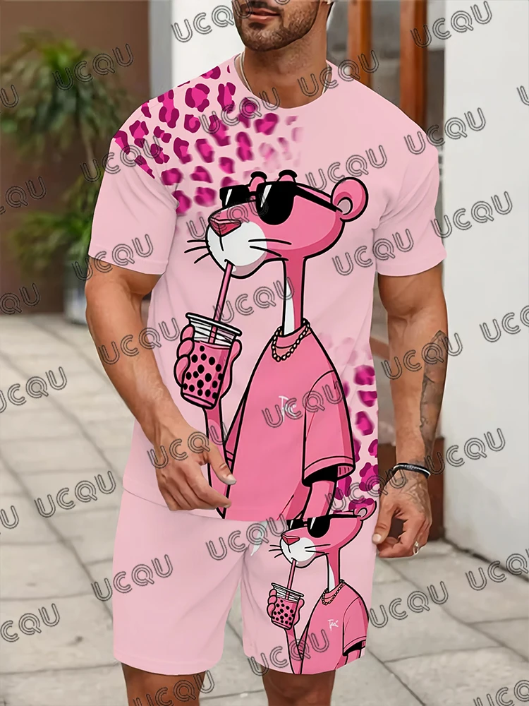 

Summer New Pink Panther Tracksuit Sets For Men Casual Short Sleeve T-Shirt+Shorts Suit Streetwear 2 Piece Male Clothes