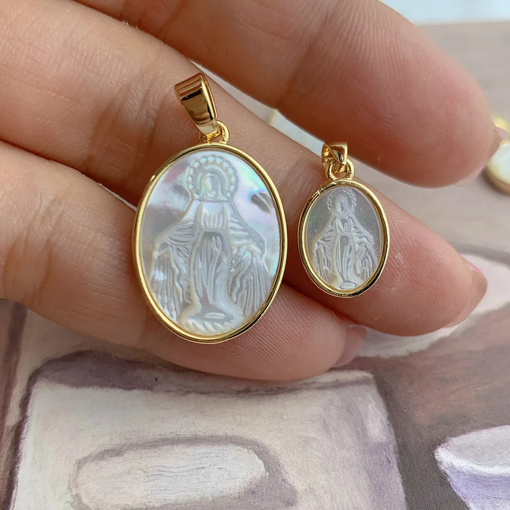 Metal MOP Pearl Shell Natural Mother-of-pearl Oval Virgin Mary Charm Necklaces Pendant Jewelry Findings Christianity Accessories