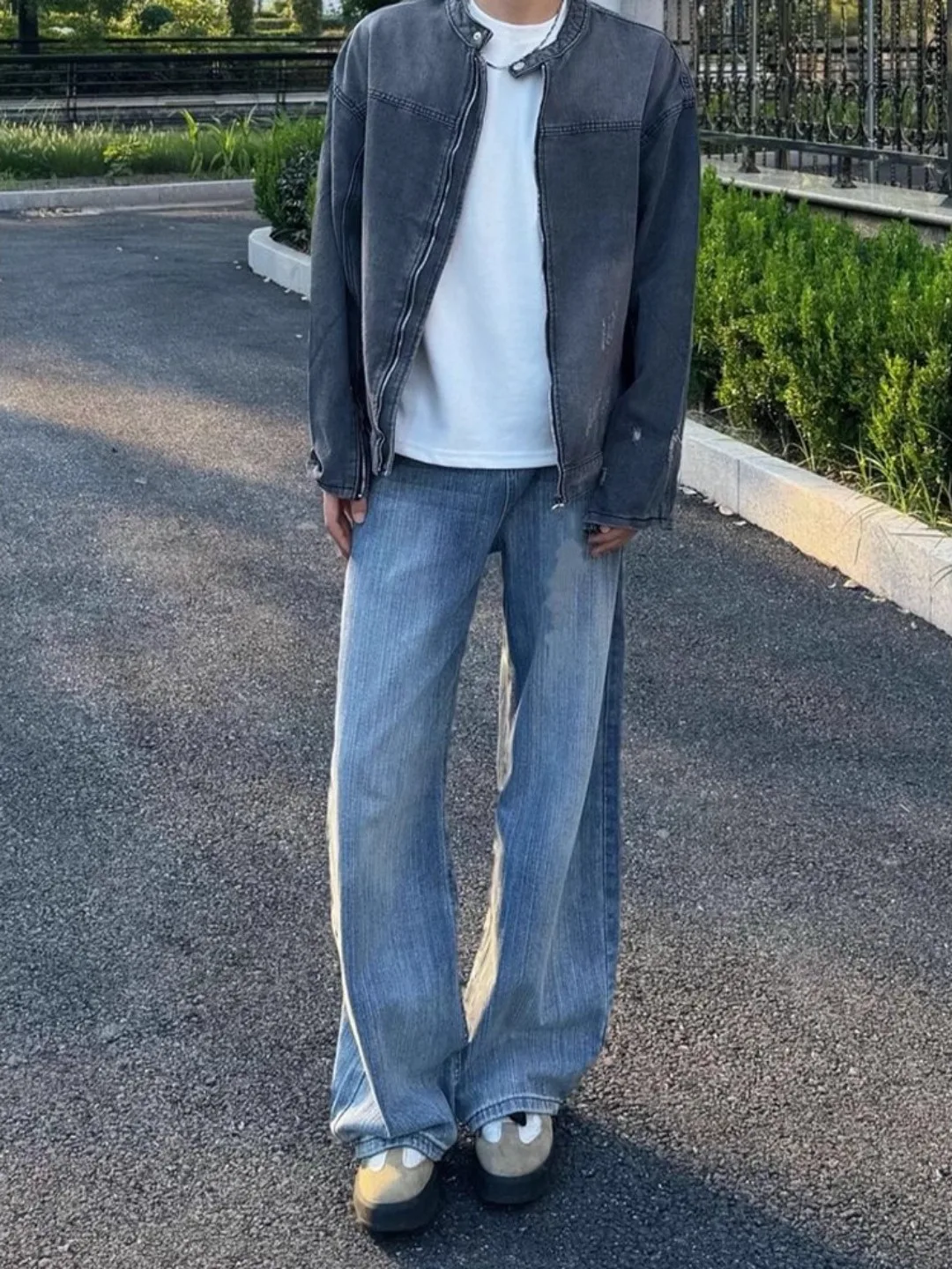 

Cleanfit Blue Bamboo Texture Men's Jeans High Street Vibe Wide Leg Micro Flare Knife Autumn Casual Loose Fit Jeans