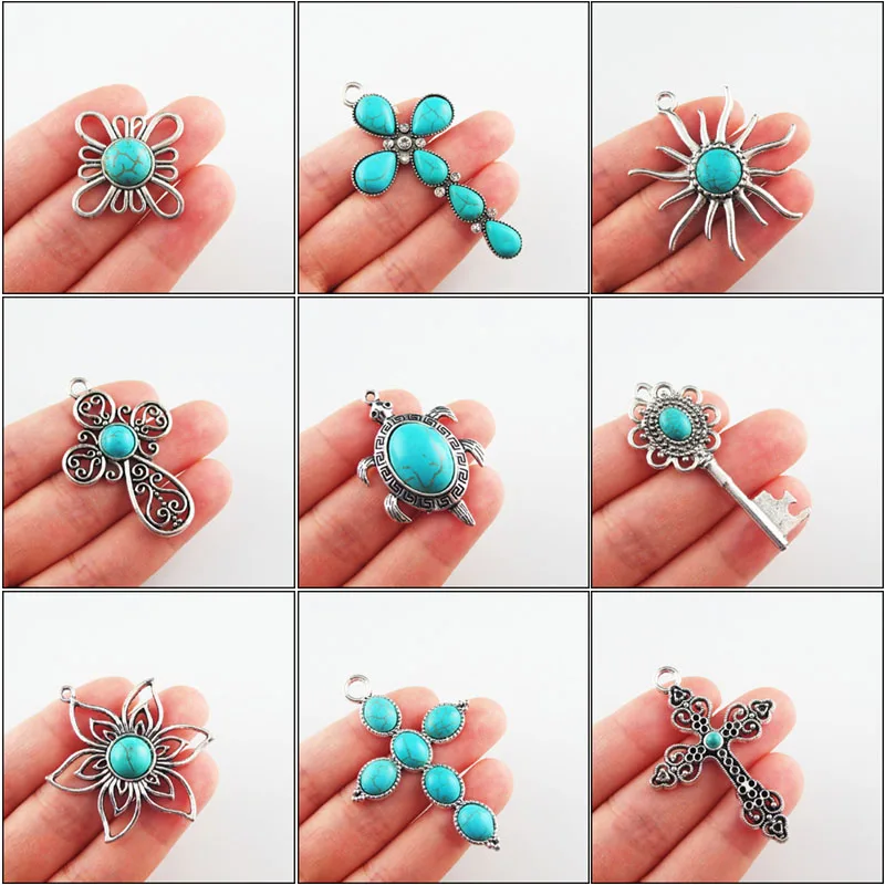 Retro Tibetan Silver Plated Flower Key Sun Cross Turquoise Stone Charms Pendants