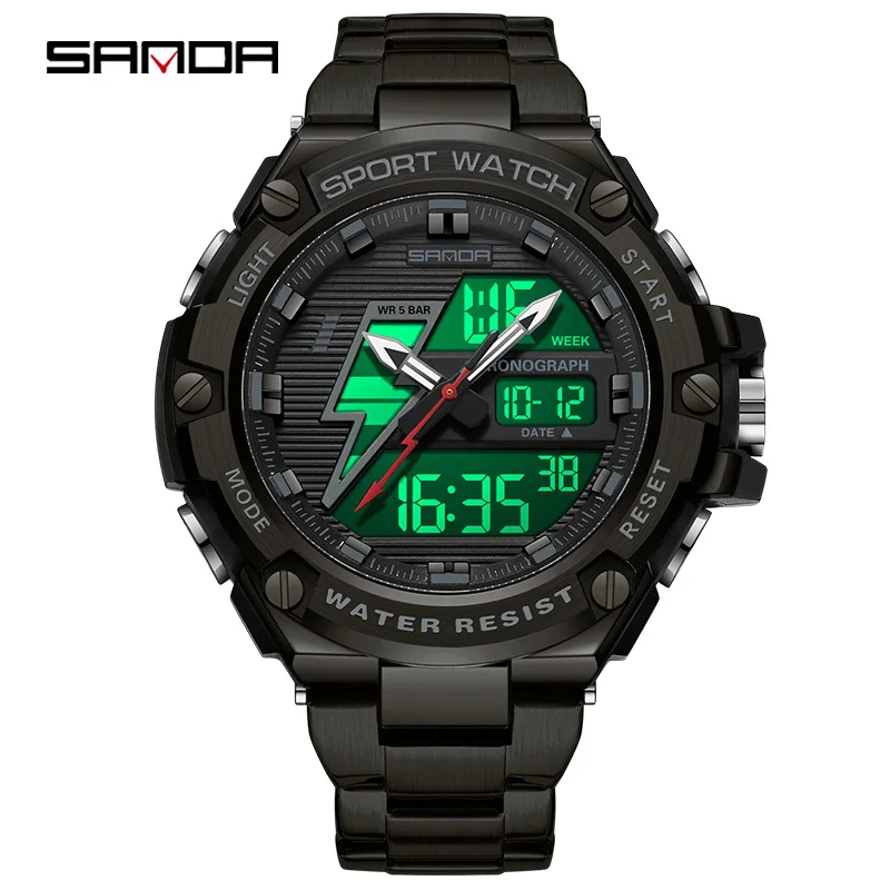 SANDA 3336 듀얼 디스플레이 전자 시계 남성용, 충격 방지 및 낙하 방지 50미터 방수 다기능 전자 시계