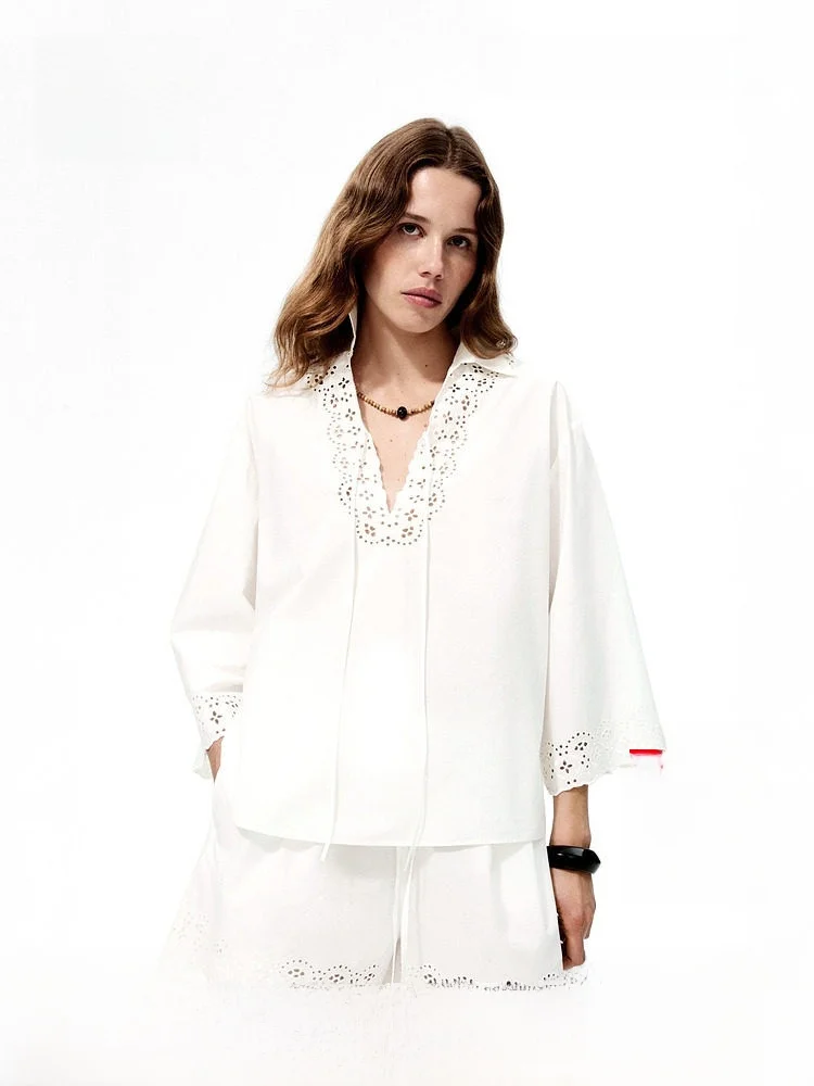 

H&M Women's Cotton Embroidered Hollow out Summer Casual High Waist Wide Leg Pants Comfortable Breathable Ladies Shorts