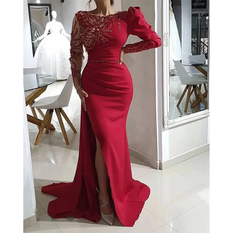 

Sexy Mermaid Evening Dresses Long Beaded Prom Dresses Long Sleeves Floor-Length Side Slit Formal Party Second Reception Gowns