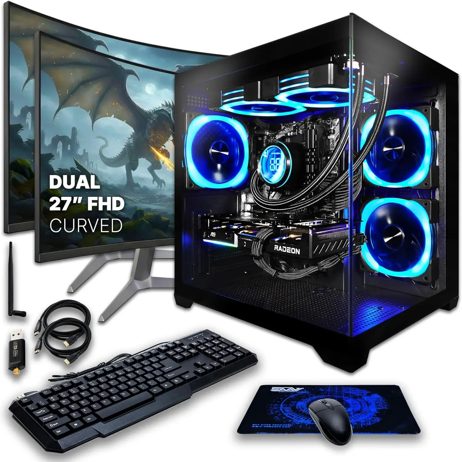 SAAV Drex Prebuilt Gaming PC Bundle Desktop Tower Intel Core i7-12700KF Radeon RX 9060 XT 8GB GDDR6 Dual Curved 27in Monitors