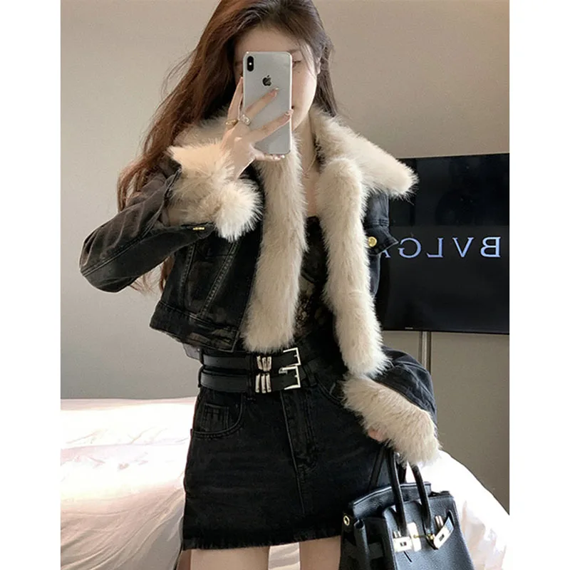 GIDYQ Patchwork Fur Collar Denim Jacket Women Y2k Streetwear Motorcycle Short Coat Vintage Long Sleeve Casual Outerwear New