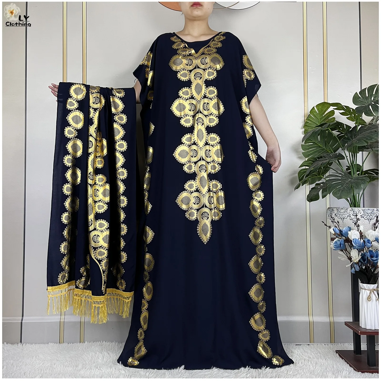 New Style African Abaya Summer Short Sleeve Loose Dress Cotton Muslim Maxi Femme Dress With Big Scarf Dubai Islam Casual Robe