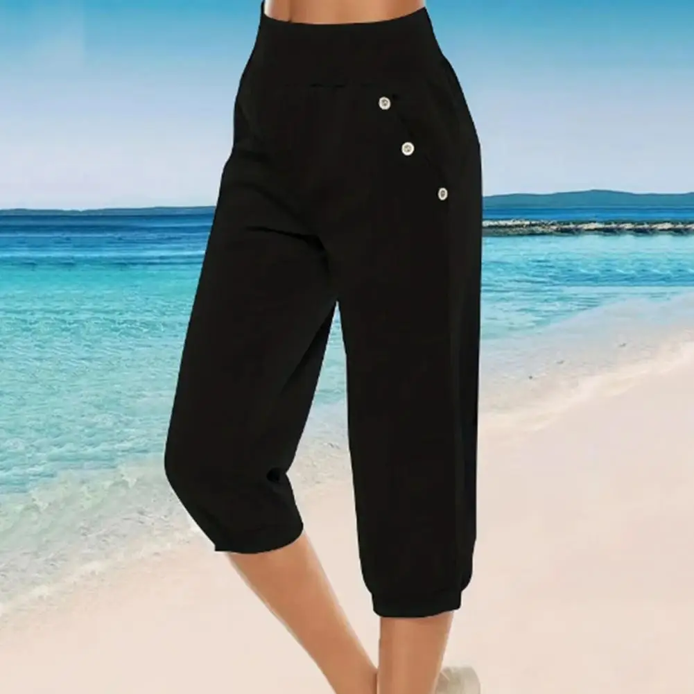 

Women Cropped Pants Women's Elastic High Waist Harem Pants with Button Decor Pockets Loose Fit Cropped Slacks for Casual Wear