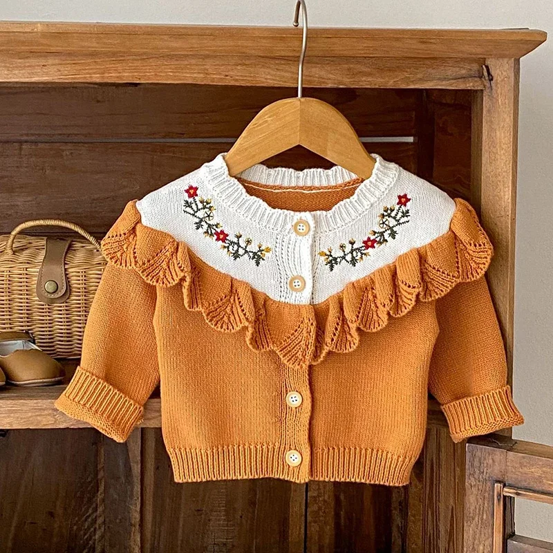 

New Autumn Baby Girl Clothing Toddler Baby Girl Knitting Cardigan Ruffled Clothing Floral Embroidery Newborn Baby Girls Sweater