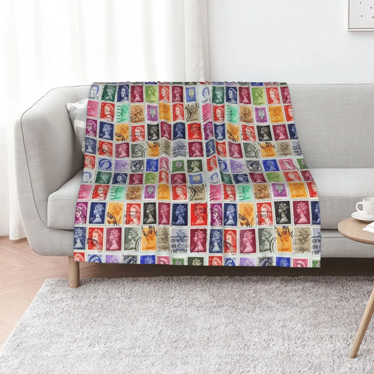 Postage stamps of British Commonwealth with image of Her Majesty Queen Elizabeth. Throw Blanket Furrys Nap Blankets