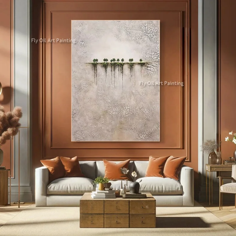 Abstract Beige Texture Canvas Thick Artwork New Large Green Tree Wall Art Handmade Beige White And People Oil Painting For Decor