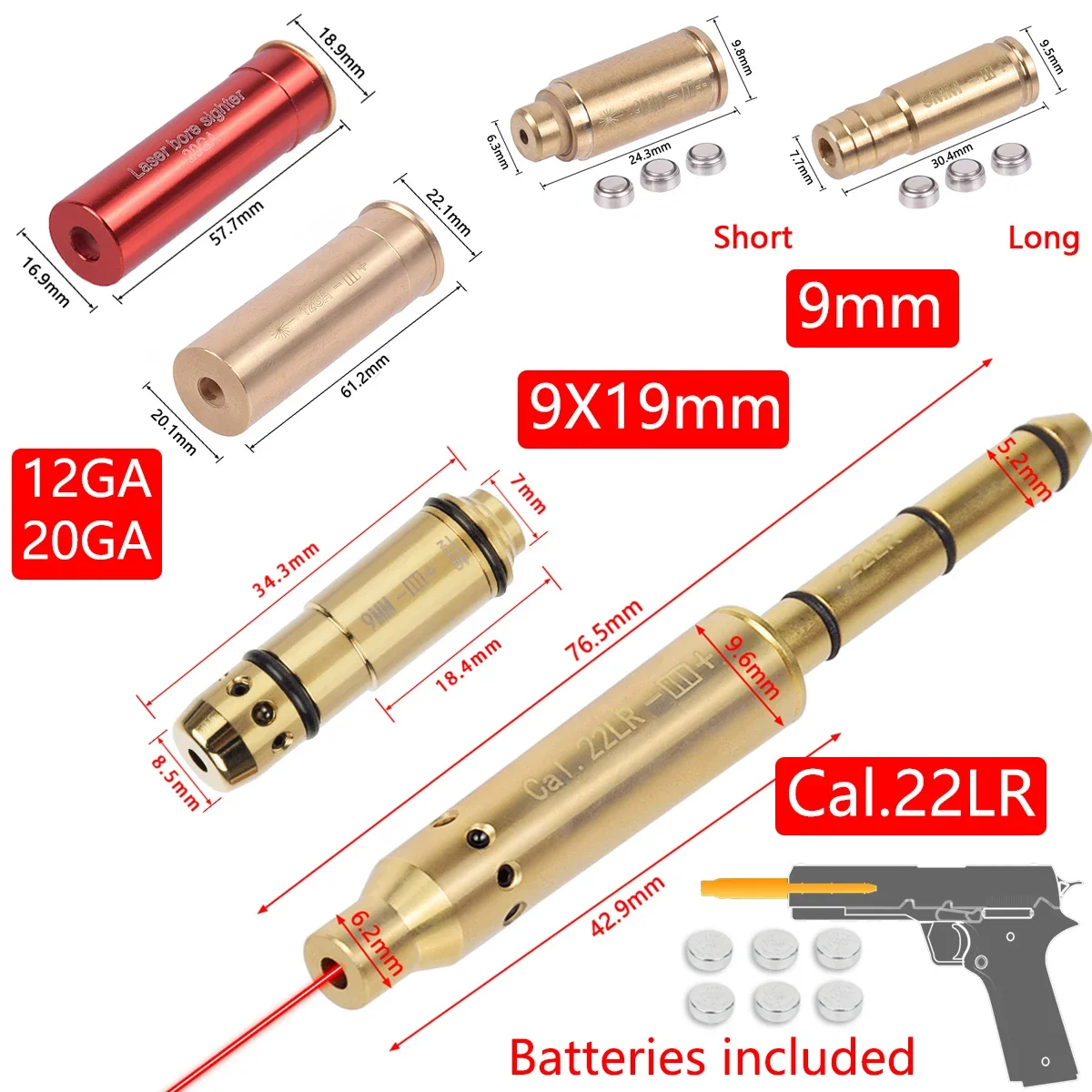 

Tactical Red Laser Bore Sight Training Bullet Caliber .223/9mm/12GA/20GA/7.62/.45/.22LR Cartridge Brass Bore Sighter for Hunting