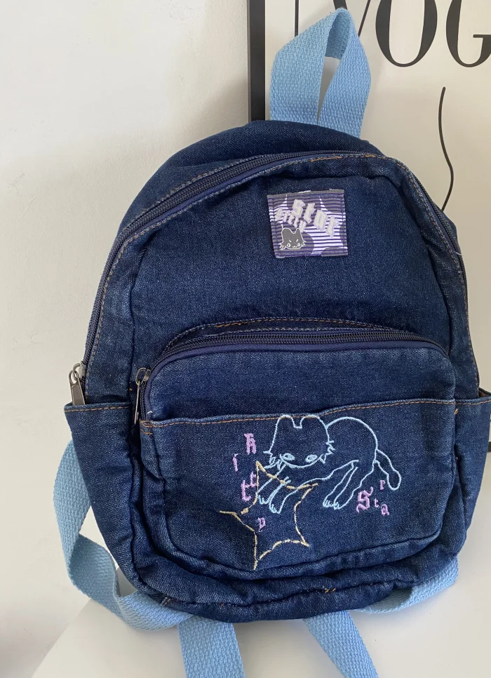 JIAERDI Harajuku Denim Backpacks Women Vintage Cat Embroidery Chic Casual Y2k Backpack Female Retro Mini Cute Mochila Aesthetic