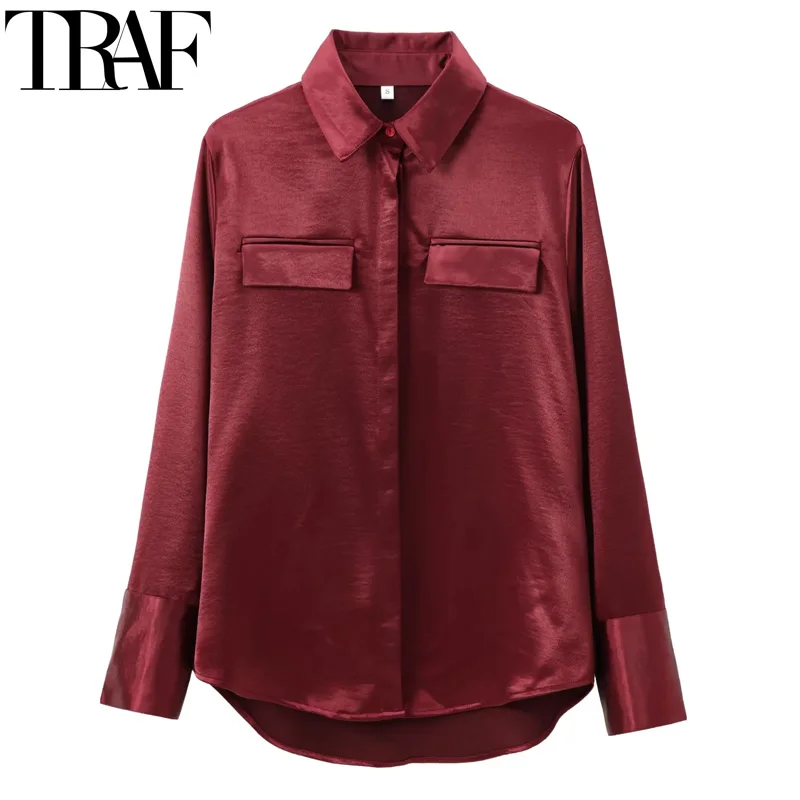 Woman TRAF 2024 Shirts Satin Long Sleeve Shirts For Women Casual Button Up Shirts And Blouses Collar Stylowa bluzka damska