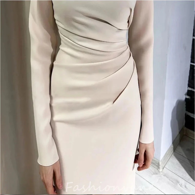 Fashionvane Customized V Neck Evening Dresses Pleated Ankle Length Prom Dress Long Sleeves Formal Cocktail Party Gown 2024