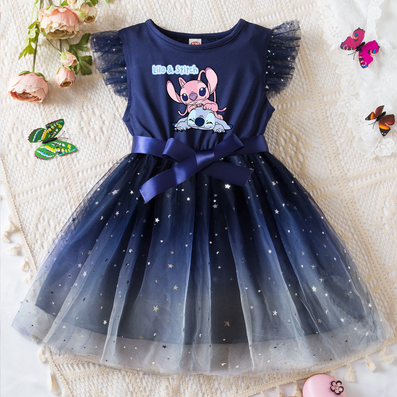 Lilo Stich Mädchen Sommerkleid ung fliegende Ärmel Bogen Pailletten Kleid 2-6y Kind Geburtstag Tutu Prinzessin Kleid für Babys