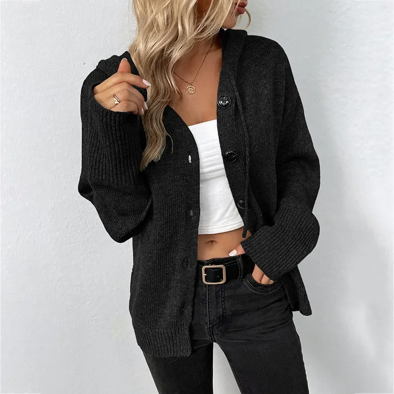 Fashion Cardigan Women Knitted Sweater Casual Single Breasted Comfortable Solid Color Hooded Drawstring Streetwear Autumn Winter