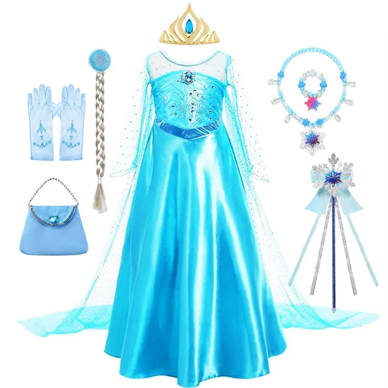 فستان إلسا للفتيات والأطفال بأكمام طويلة فستان مُصمم حسب الطلب للفتيات فستان حفلات الهالوين ملابس تنكرية 4 5 6 7 8 9 10 سنوات